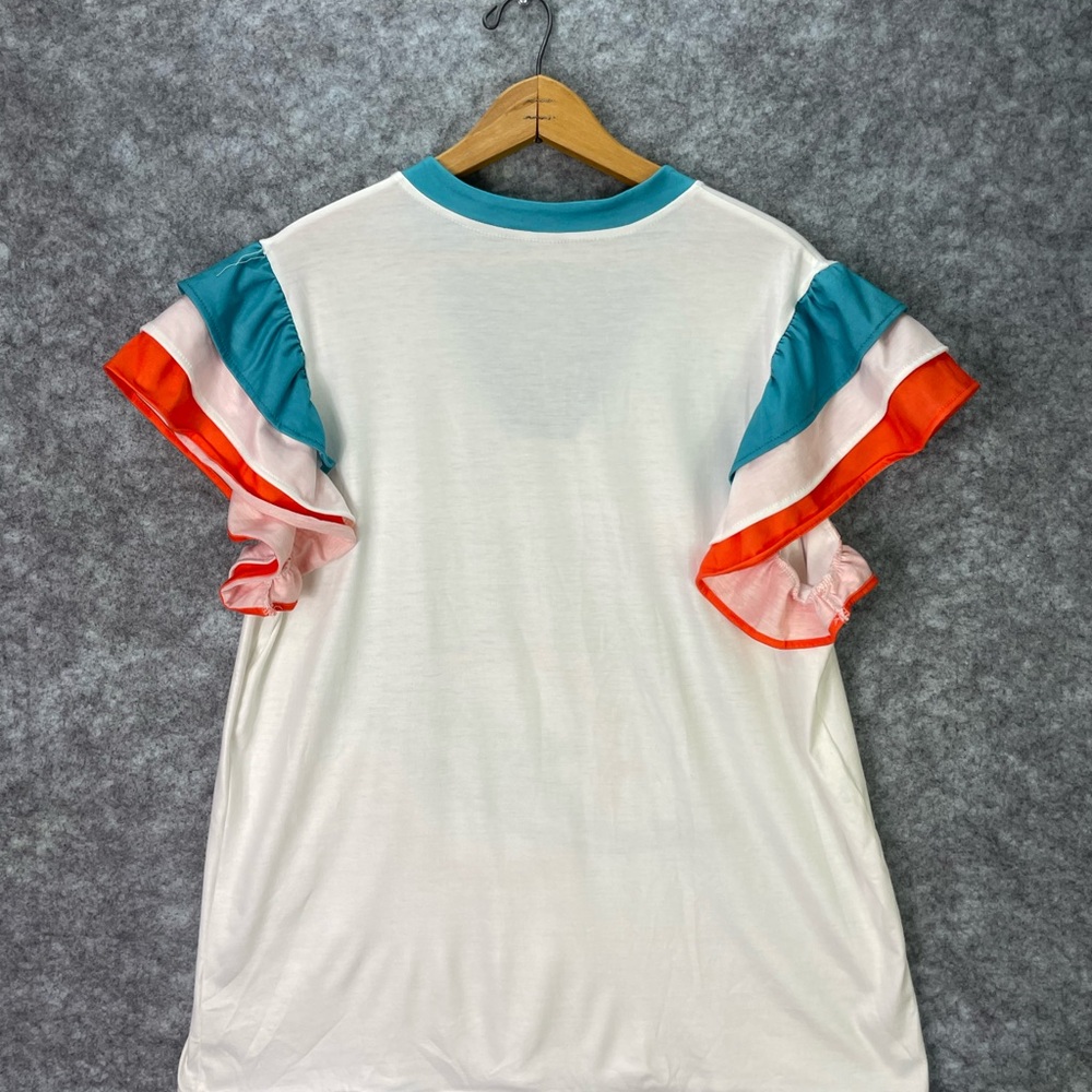 Miami Dolphins Shirt Womens Large White NFL Football V Neck Ruffle Sleeve Tee - Picture 8 of 8